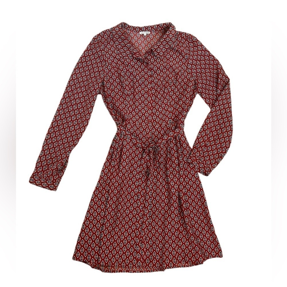 ModCloth Lace & Mesh Rust & Navy Belted Long Sleeve Shirt Dress Womens Sz Medium